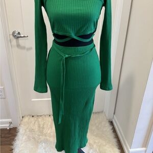 Zara Vibrant Green Ribbed Skirt Set